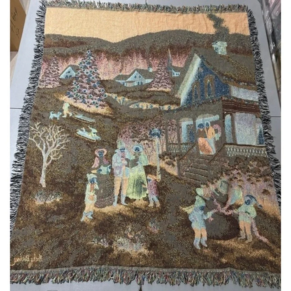 Nicky Boehme Christmas Carolers Woven Tapestry Throw Blanket Fringed Winter